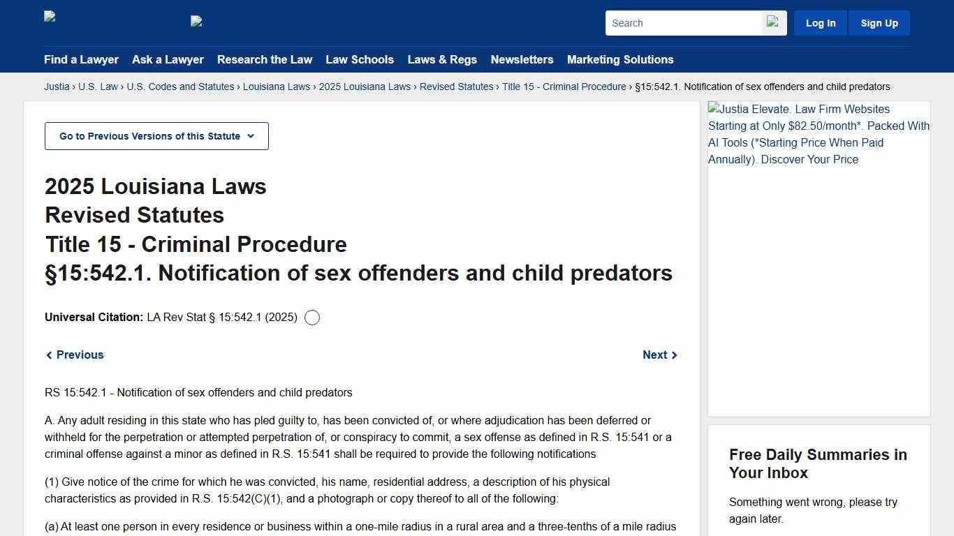 Louisiana Revised Statutes § 15:15:542.1 - Notification of sex offenders and child predators :: 2025 Louisiana Laws :: U.S. Codes and Statutes :: U.S. Law :: Justia